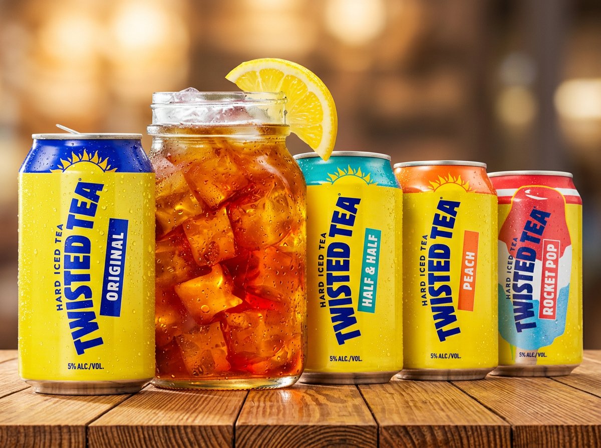 Twisted Tea lineup of Original, Half & Half, Peach, and Rocket Pop cans next to an iced tea glass